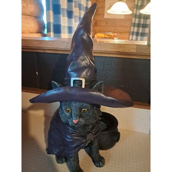 15" Black Cat w/Witch Hat & LED Light Up Cauldron Halloween Prop Figurine Statue - Picture 1 of 3
